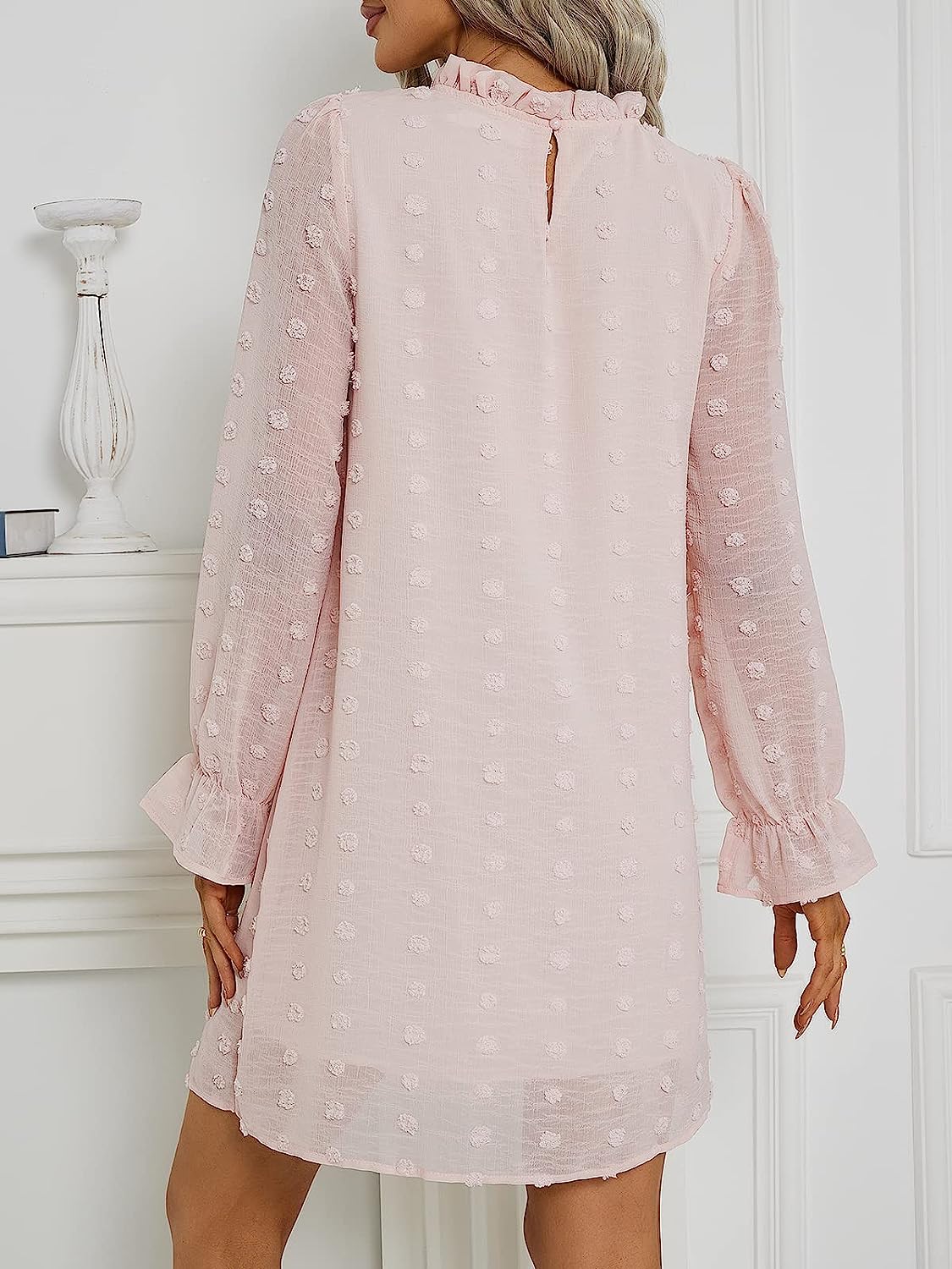 Adibosy Women's Dress Long Sleeve Swiss Dot Mini Dresses Round Neck Loose Chiffon Casual Short Dress - Image 5